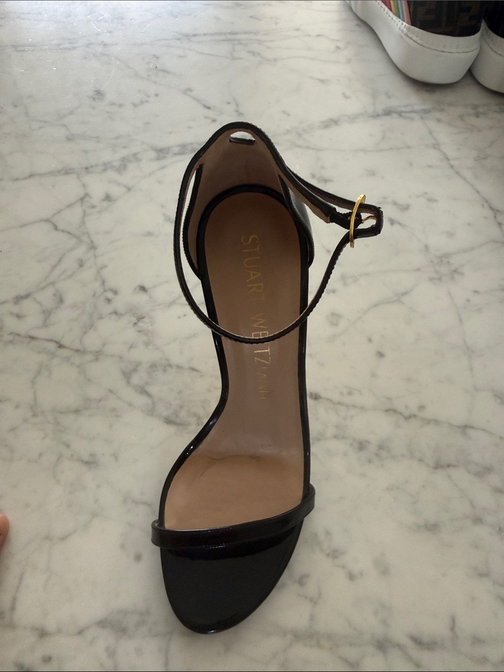 Stuart Weitzman Black Patent Ankle-Strap Sandal with Gold Buckle